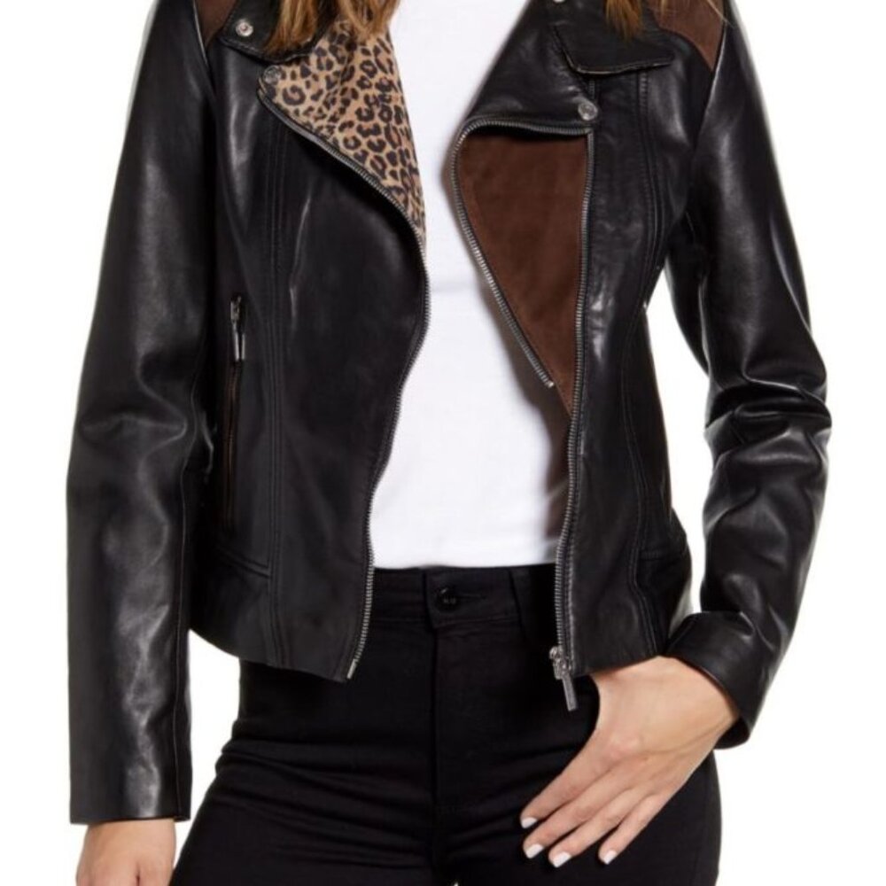Bernardo Leather Moto Jacket w/Leopard Print Small